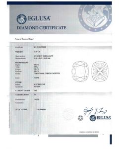 3.38 Ct. EGL Certified DSI1 Cushion Cut Diamond.