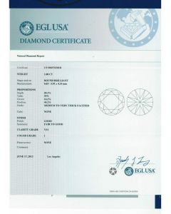 1.00 Ct. EGL Certified IVS1 Round Brilliant Cut Diamond.