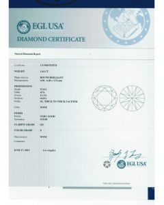 1.01 Ct. EGL Certified ESI3 Round Brilliant Cut Diamond.