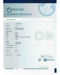 1.01 Ct. EGL Certified GSI3 Round Brilliant Cut Diamond.