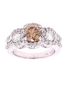 18Kt White Gold 1.38 Carat Round Brilliant Champagne Color Diamond Ring.