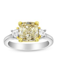 18Kt 2-Tone Gold 2.63 Carat Fancy Color Cushion Cut Diamond 3 Stone Engagement Ring.