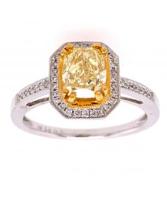 1.14 Ct. Cushion Cut Fancy Yellow Color Diamond Engagement Ring.